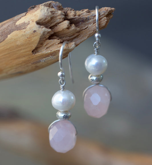 Freshwater Pearl, Rose Quartz, Thai and Sterling Silver Earrings