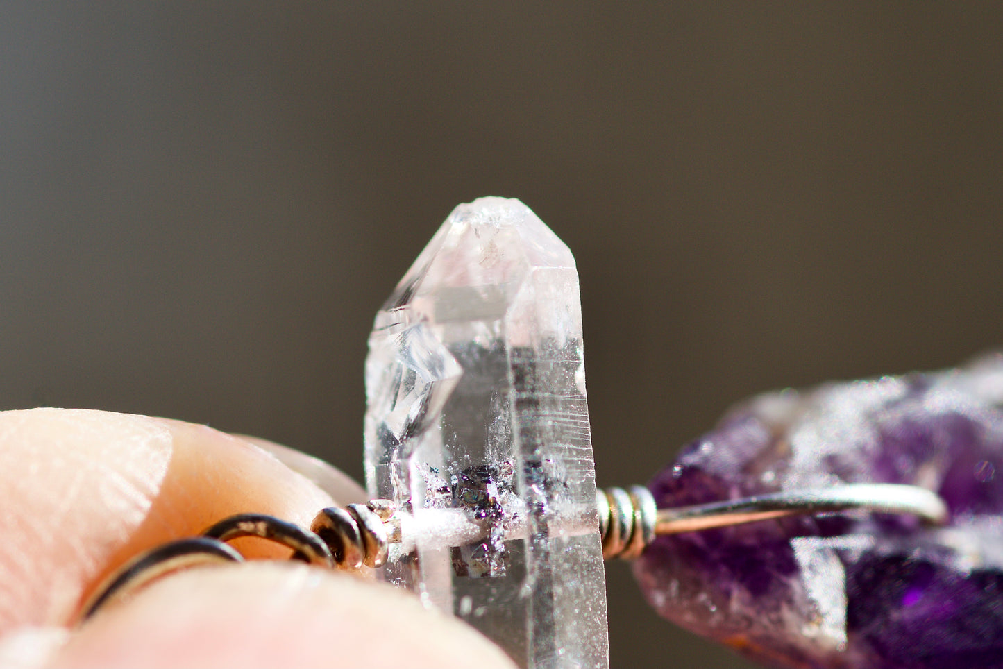 Double Termination Tibetan Clear Quartz Crystal with Black Mineral Inclusions, Raw Amethyst, and Sterling Silver Pendant Necklace