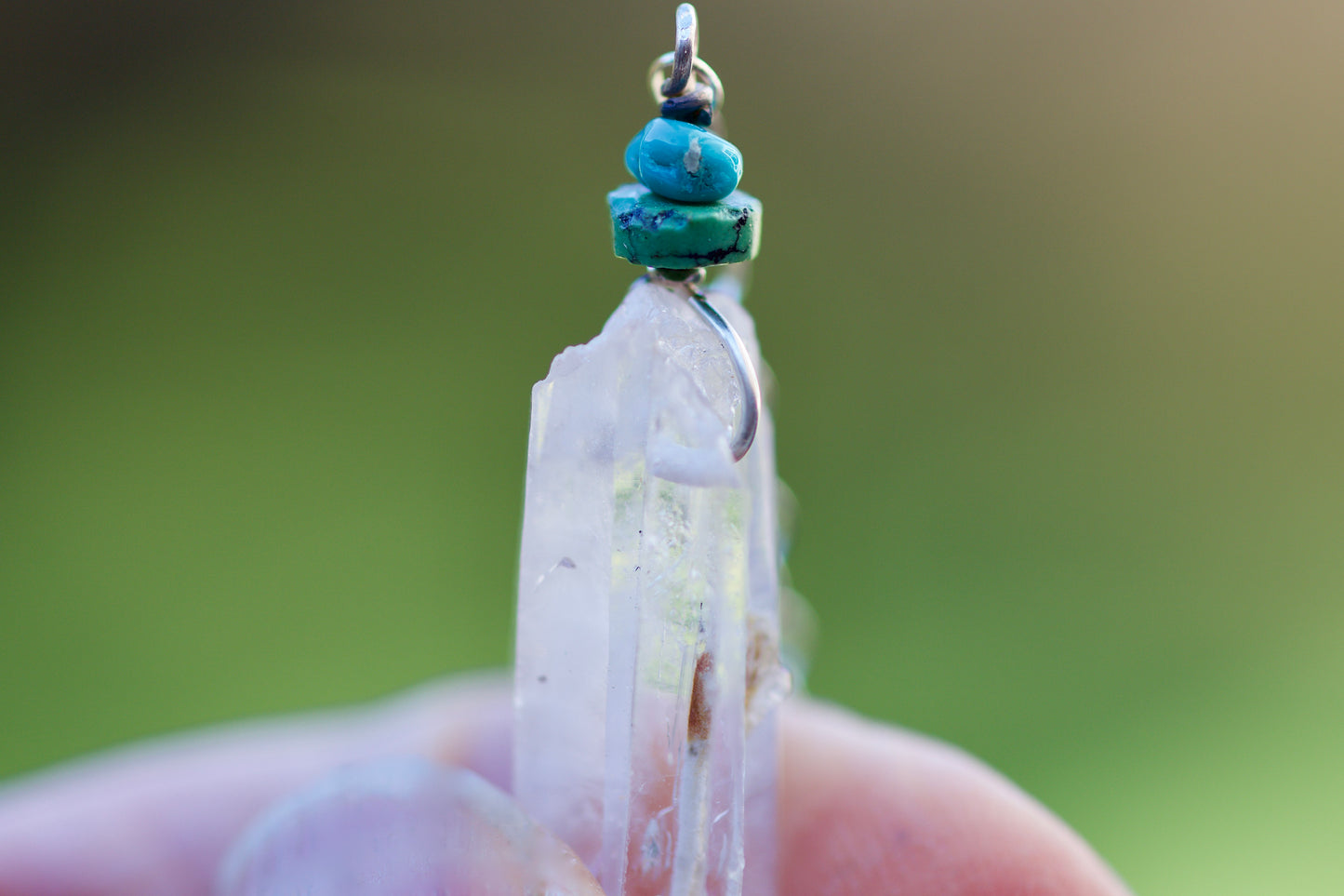 Turquoise, Twin Quartz Warior Crystal with Growth Interference and Mineral Coating, and Sterling Silver Double-sided Pendulum