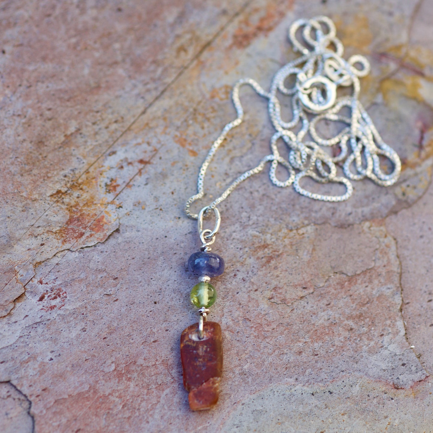 Petite Tanzanite, Peridot, Orange Kyanite, and Sterling Silver Pendant Necklace