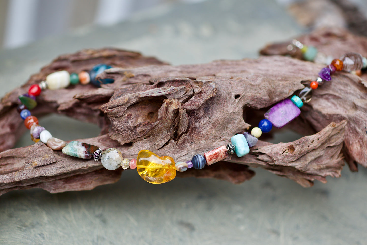 Multi-stone and Amber Sterling Silver Necklace