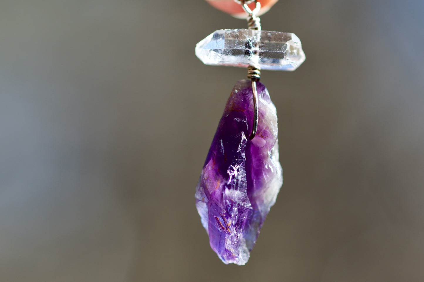 Double Termination Tibetan Clear Quartz Crystal with Black Mineral Inclusions, Raw Amethyst, and Sterling Silver Pendant Necklace