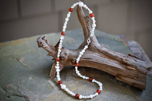 Freshwater Pearl, Carnelian, and Sterling Silver Necklace