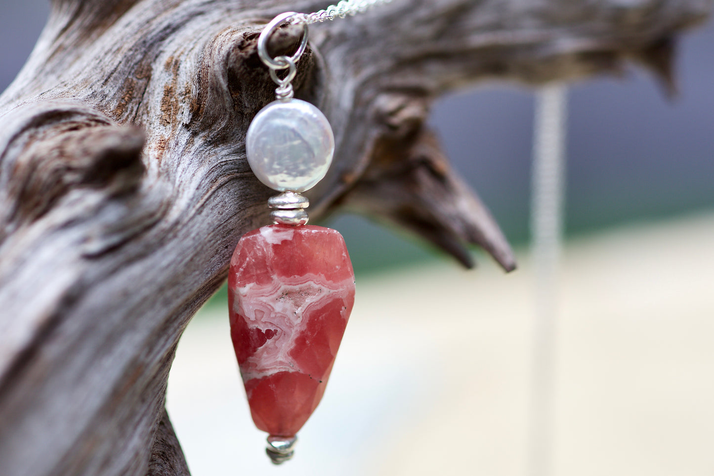 Coin Pearl, Rhodochrosite, Thai and Sterling Silver Pendant Necklace