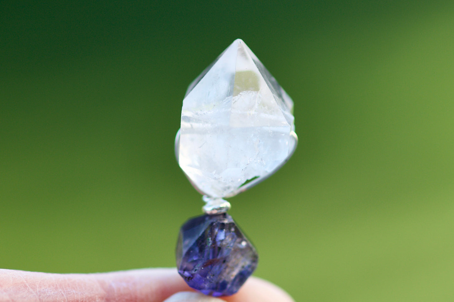 Double Termination Tibetan Quartz Crystal, Iolite, Thai and Sterling Silver Pendant Necklace