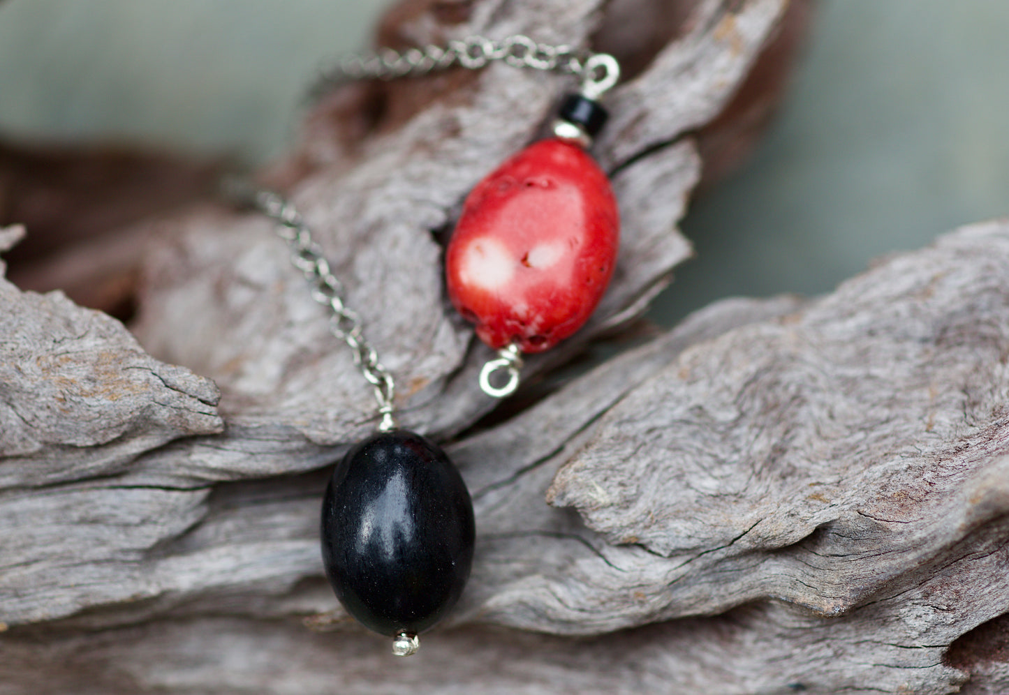 Jet, Obsidian, Red Coral, Thai and Sterling Silver Double-sided Pendulum