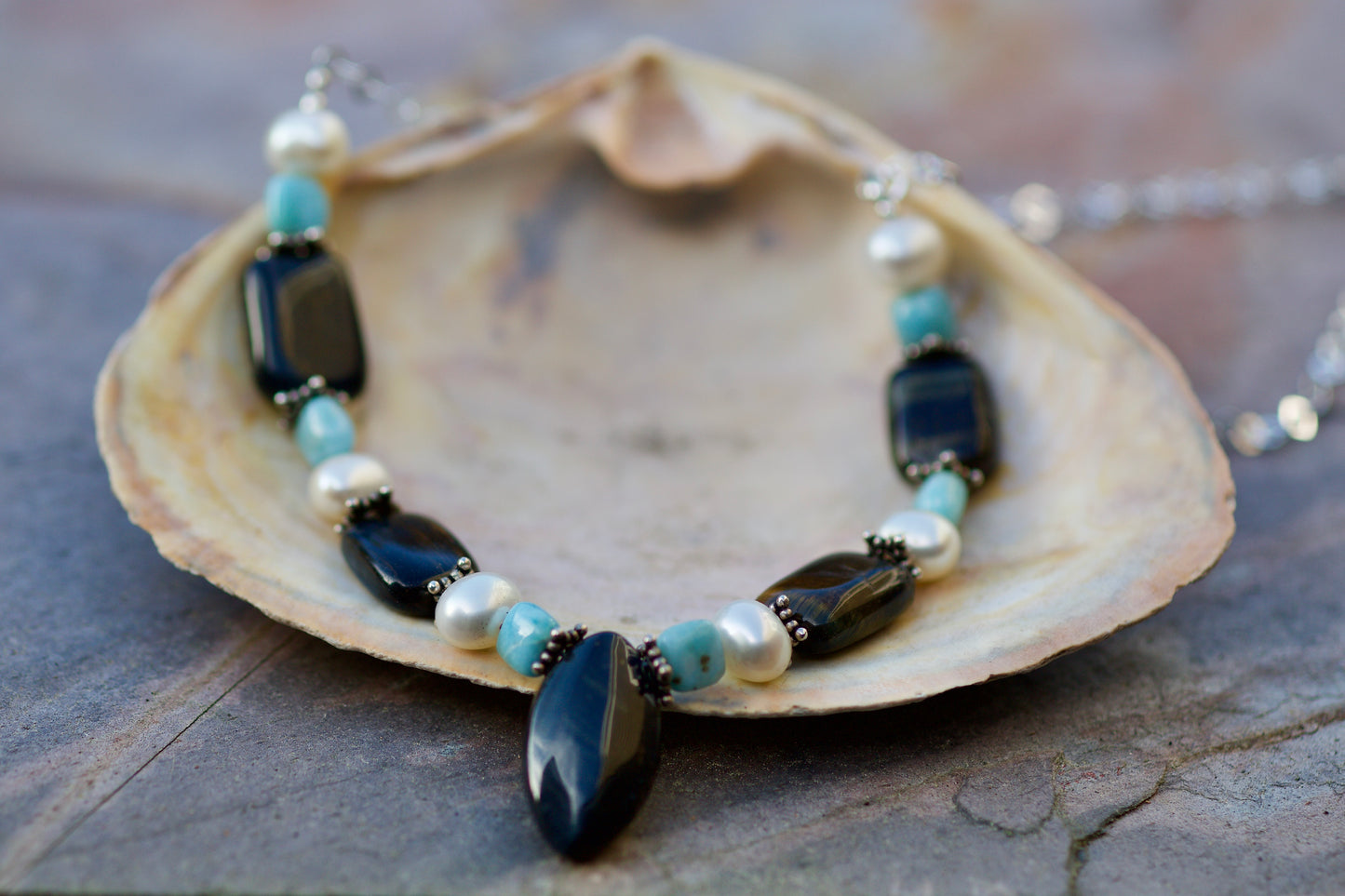 Hawk Eye (Blue Tiger Eye), Larimar, Freshwater Pearl, and Sterling Silver Necklace