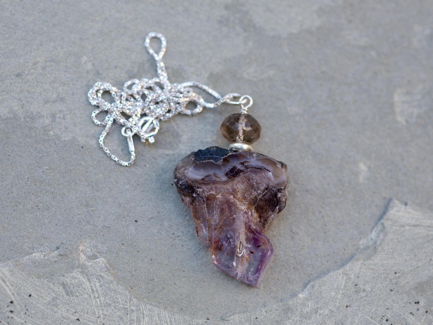 Polished Amethyst Slice, Smoky Quartz, Thai and Sterling Silver Pendant Necklace