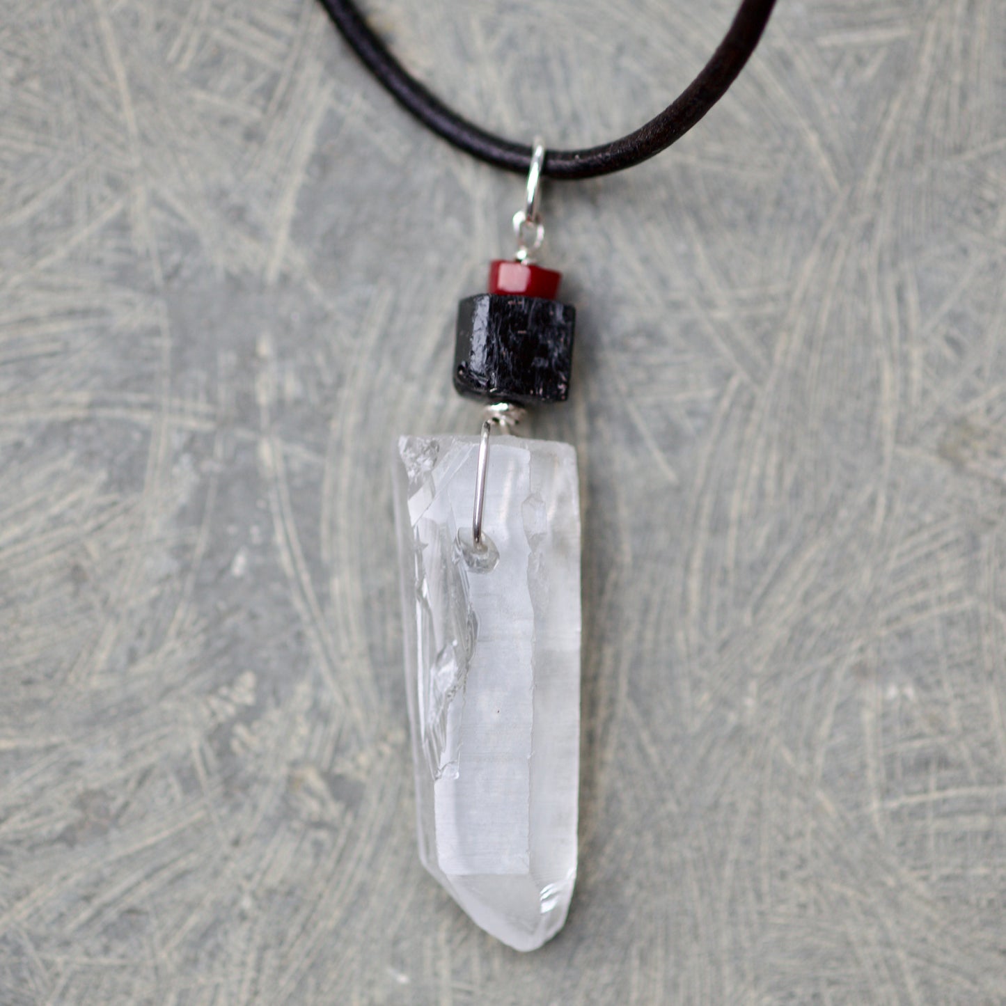 Clear Quartz Crystal Point, Red Coral, Black Tourmaline, and Sterling Silver Pendant on a Leather Cord Necklace