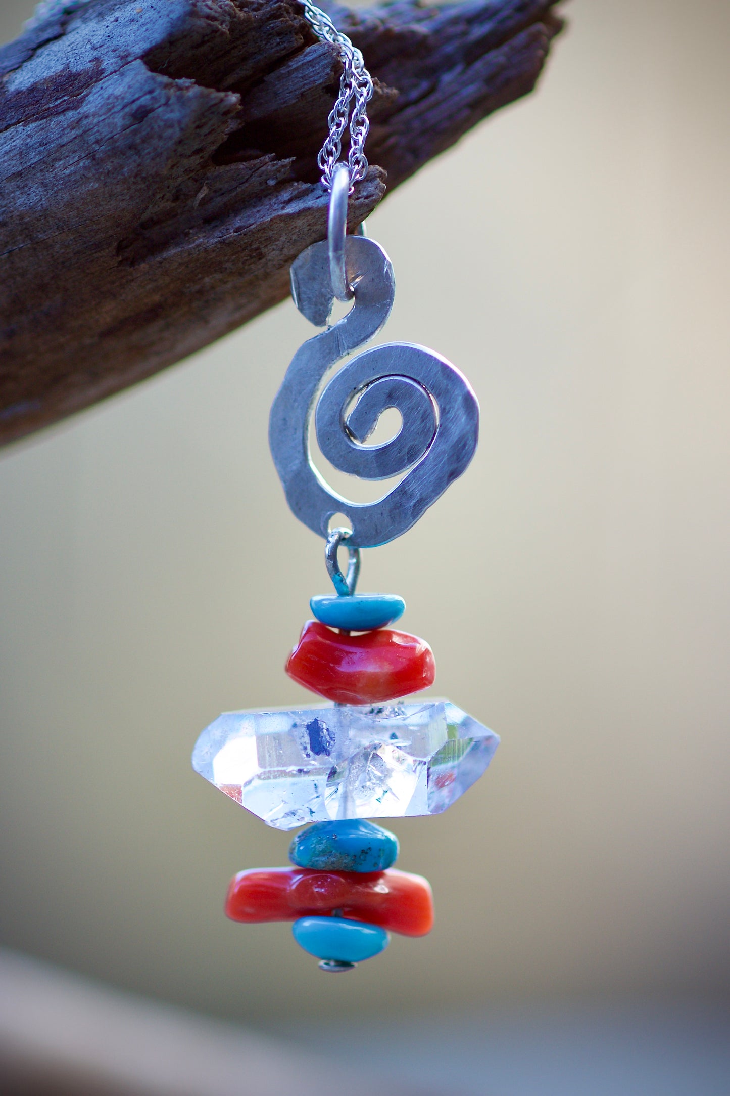 Tibetan Quartz DT Crystal, Turquoise, Red Coral, and Sterling Silver Pendant Necklace