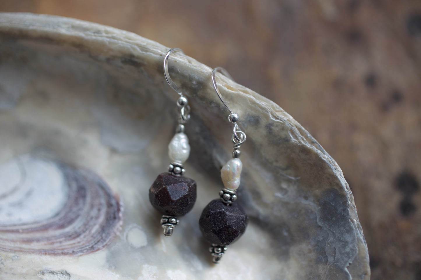 Freshwater Pearl, Garnet, and Sterling Silver Earrings