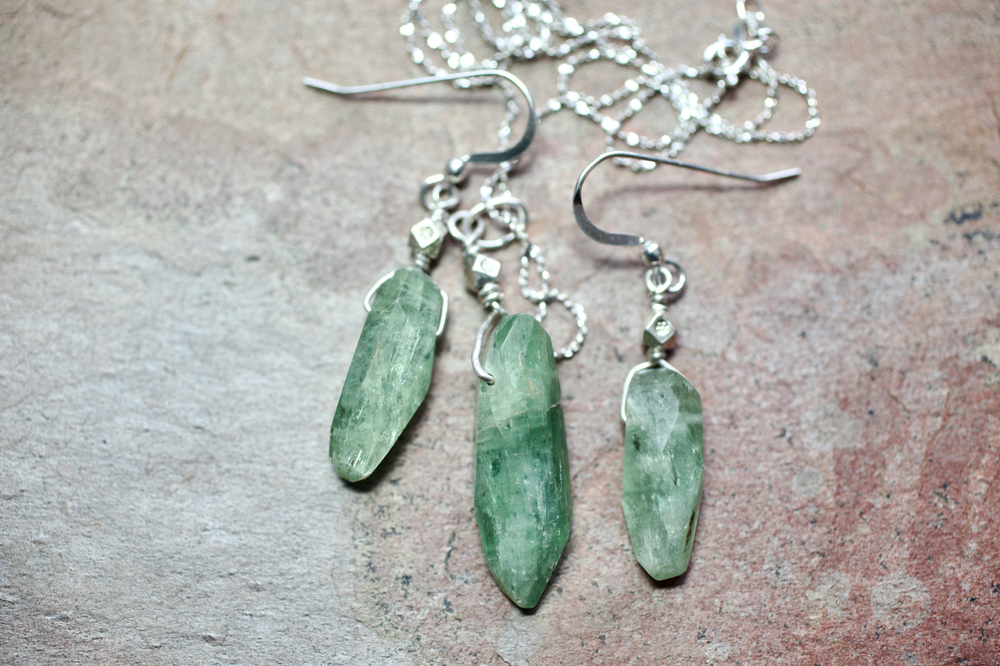 Handcut Green Kyanite, Thai and Sterling Silver Earrings and Pendant Set