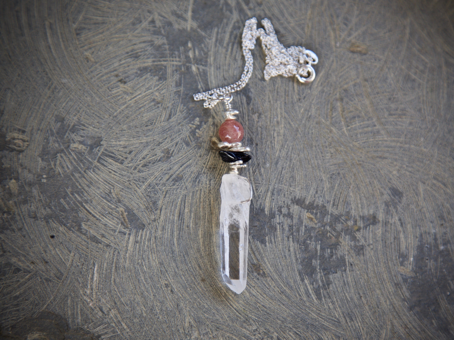 Clear Quartz Crystal Point, Black Tourmaline, Lepidolite, and Sterling Silver Pendant Necklace