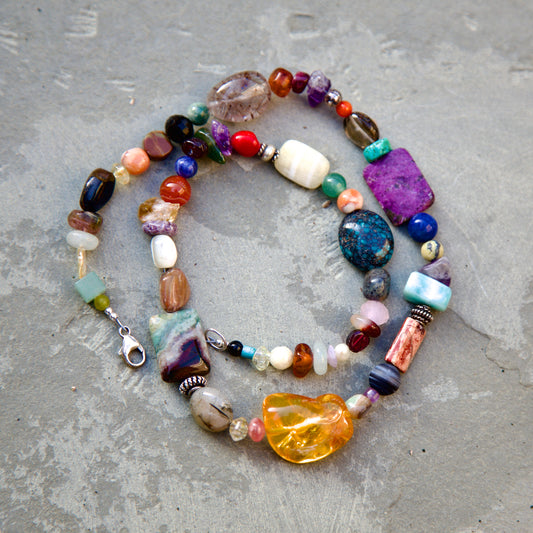 Multi-stone and Amber Sterling Silver Necklace