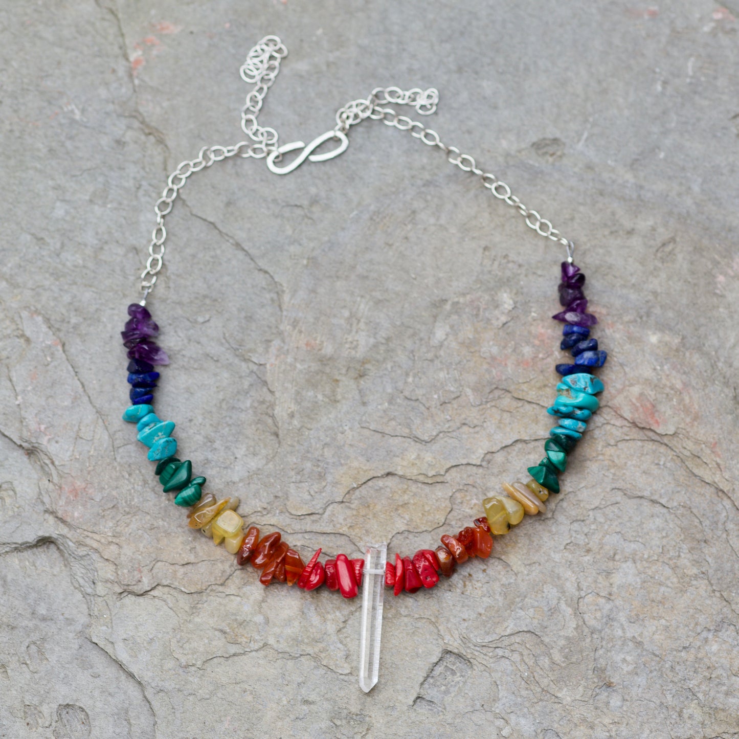 Rainbow / Pride / Chakra Stones, Clear Quartz Dow Crystal, and Sterling Silver Adjustable Length Necklace