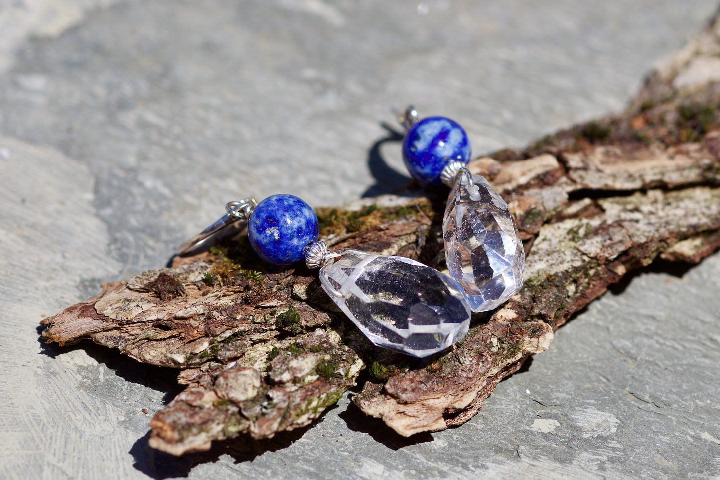 Lapis Lazuli, Faceted Clear Quartz, and Sterling Silver Earrings