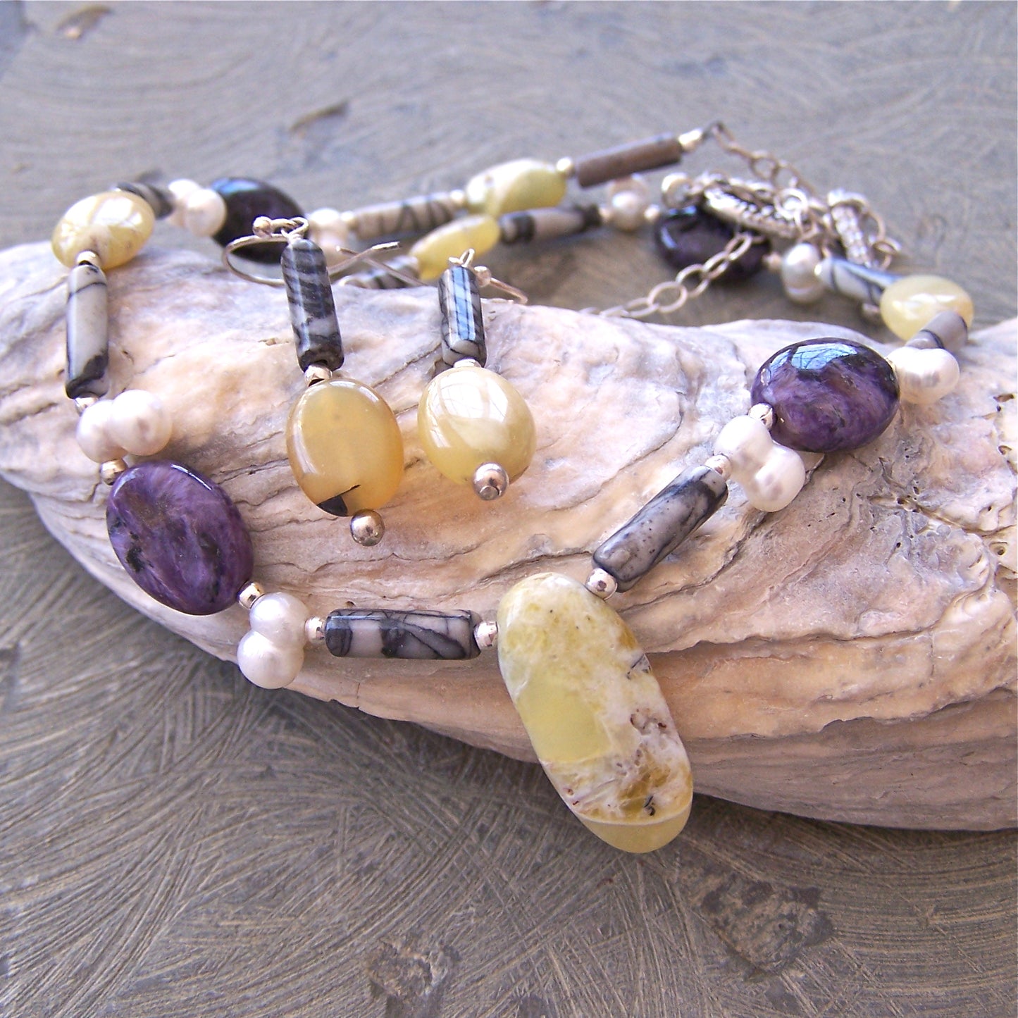 Yellow Opal, Black Webbed Jasper, Sugilite, Freshwater Pearl, Bali and Sterling Silver Necklace and Coordinating Earrings Set