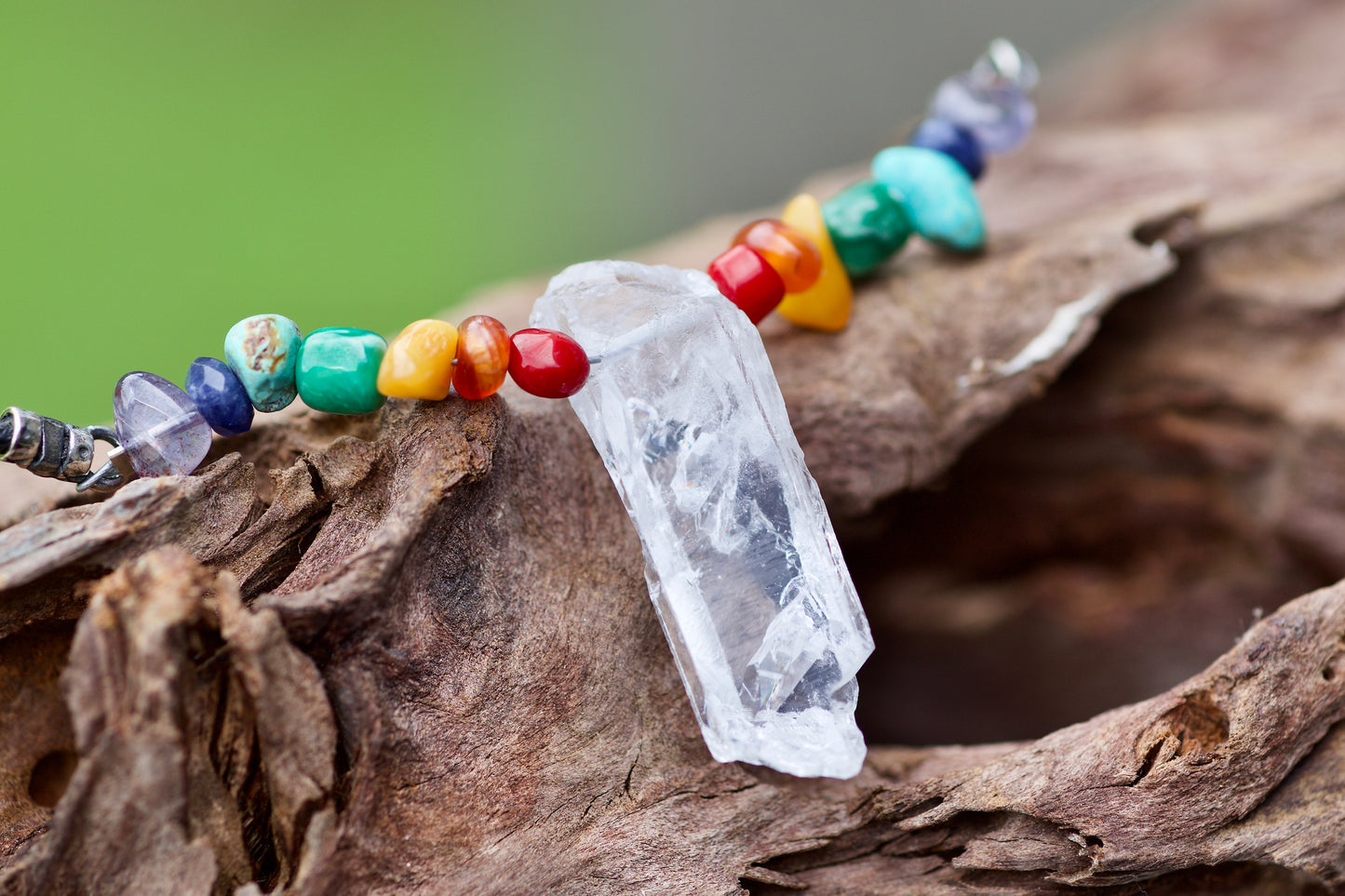 Rainbow / Pride / Chakra Stones and Clear Quartz Warrior Crystal, Sterling Silver, and Leather Necklace