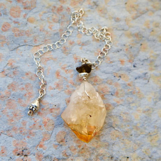 Dravite (Brown Tourmaline), Citrine Crystal Point, Thai and Sterling Silver Pendulum