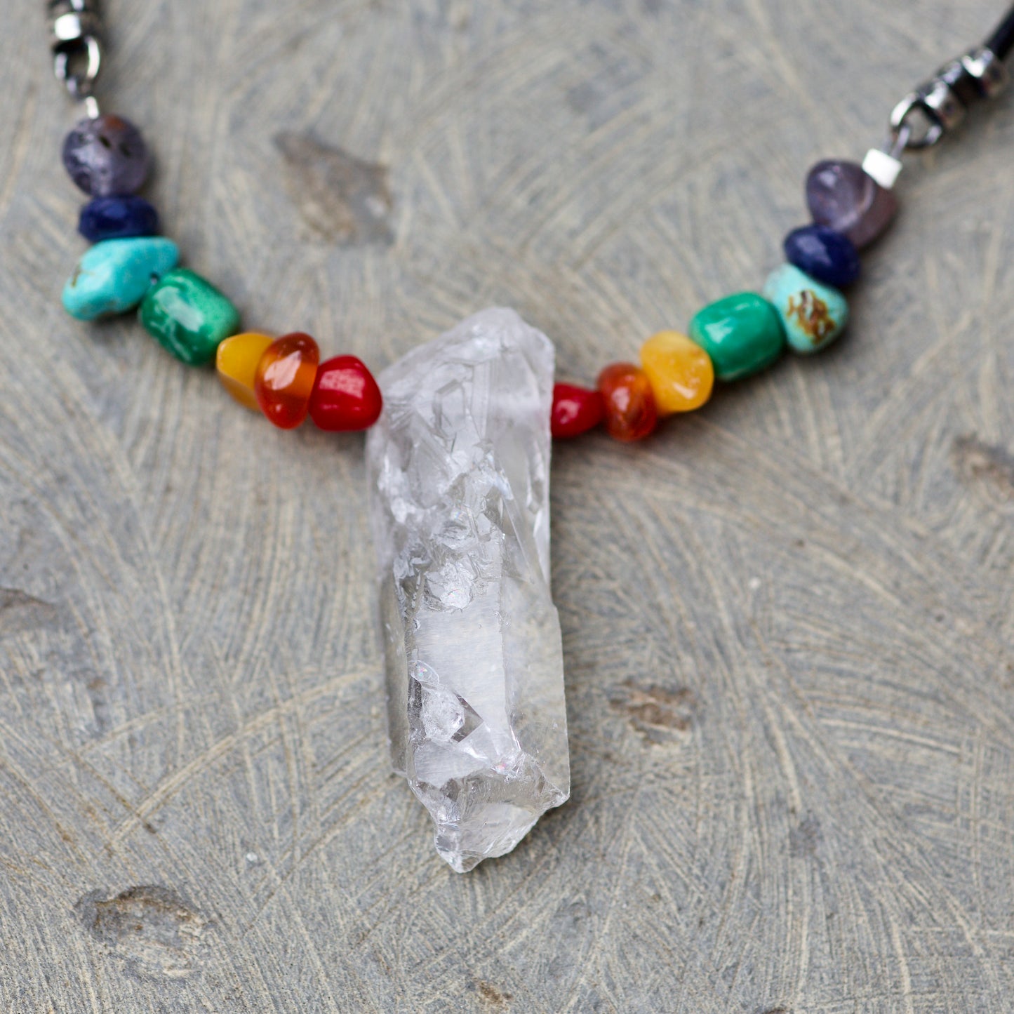 Rainbow / Pride / Chakra Stones and Clear Quartz Warrior Crystal, Sterling Silver, and Leather Necklace