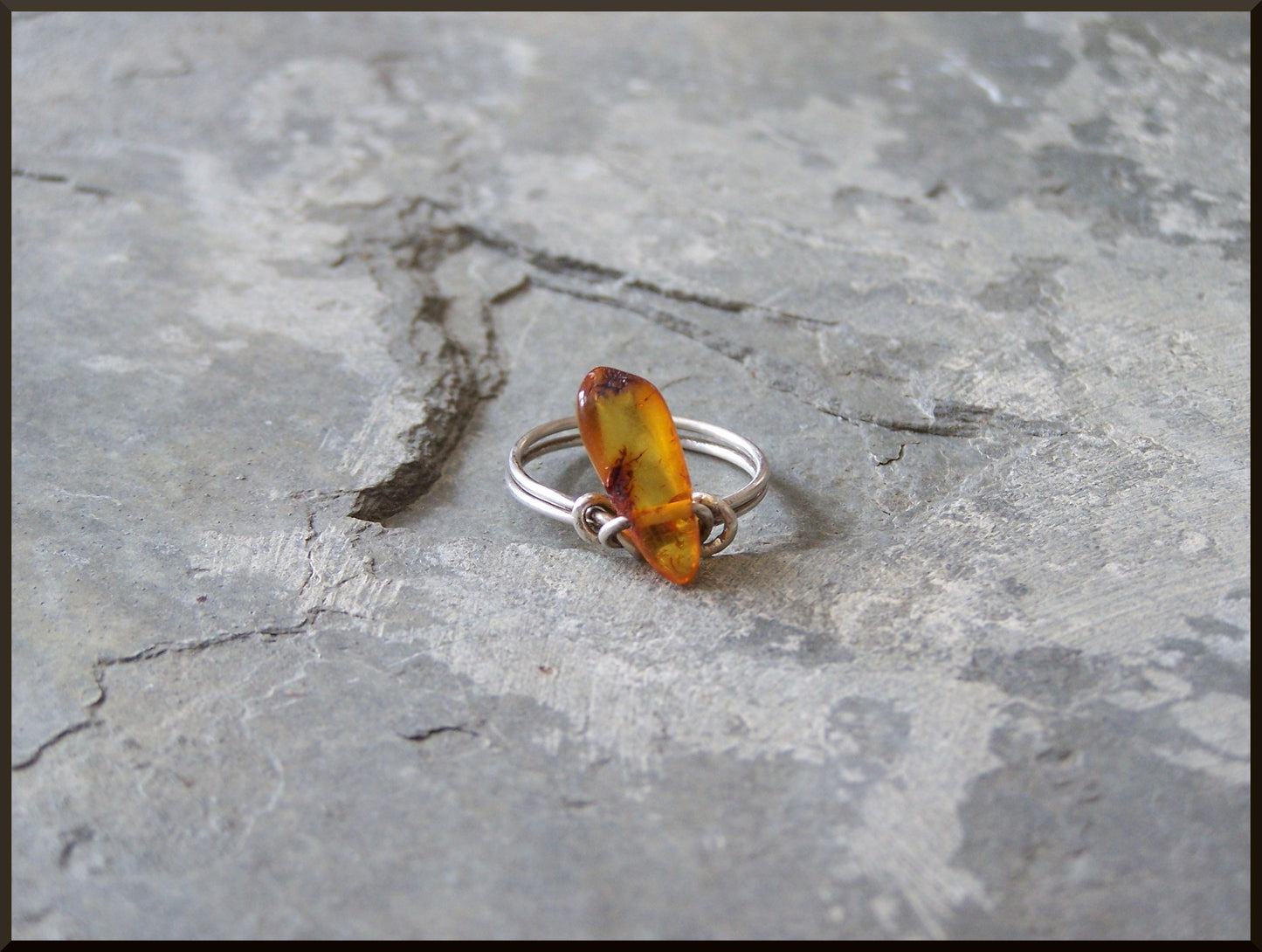 Amber and Sterling Silver Wire Ring, size 7.5