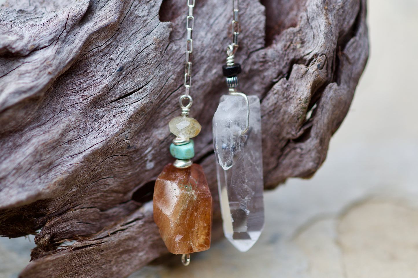 Rutilated Quartz, Turquoise, Sunstone, Onyx, Single Termination Clear Quartz Dolphin Crystal, and Sterling Silver Double-sided Pendulum