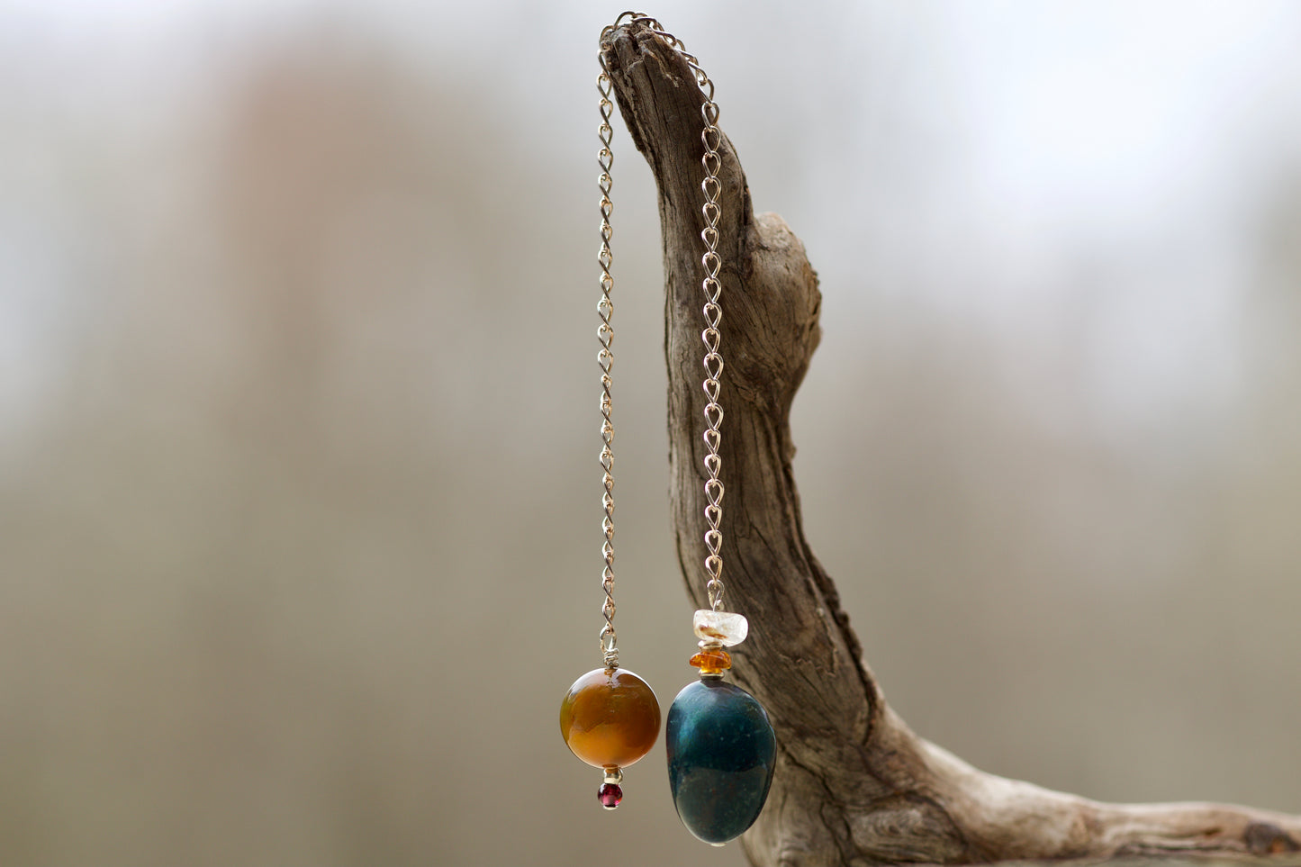 Rutilated Quartz, Amber, Bloodstone, Yellow Opal, Garnet, and Sterling Silver Double-sided Pendulum