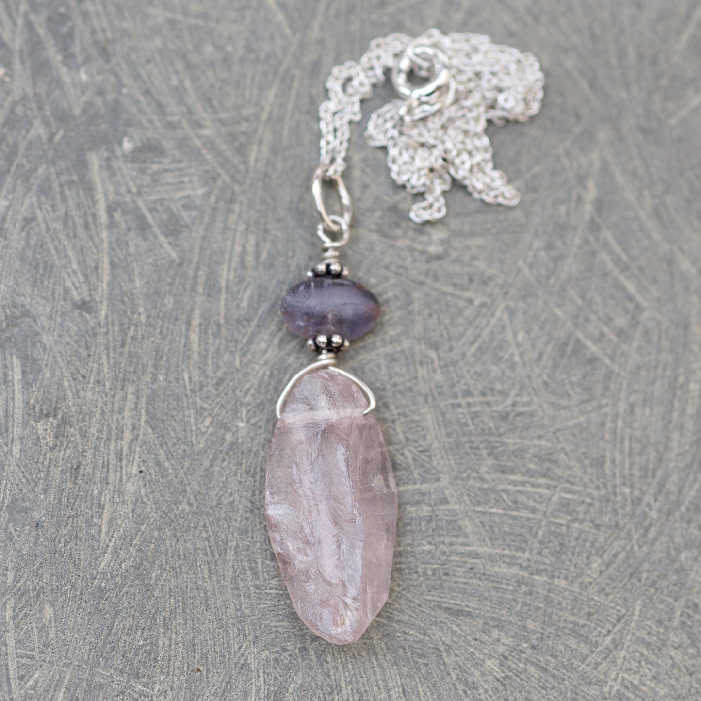 Iolite, Rose Quartz, and Sterling Silver Pendant Necklace