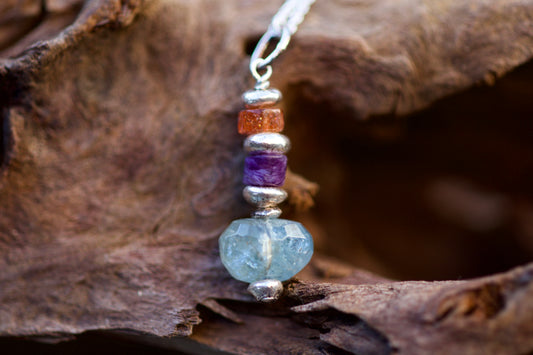 Sunstone, Charoite, Aquamarine, Thai and Sterling Silver Pendant Necklace