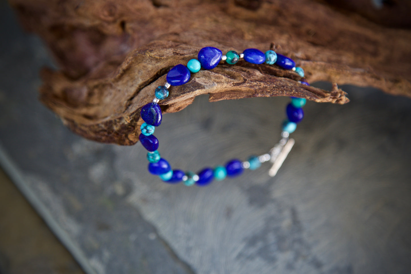 Lapis Lazuli, Turquoise, and Sterling Silver Bracelet to fit a 7.25 inch wrist