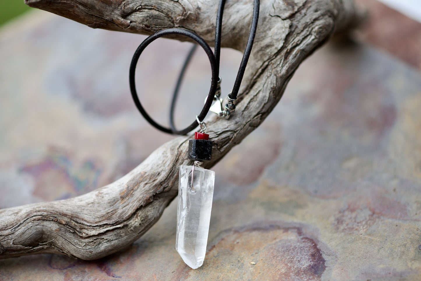 Clear Quartz Crystal Point, Red Coral, Black Tourmaline, and Sterling Silver Pendant on a Leather Cord Necklace