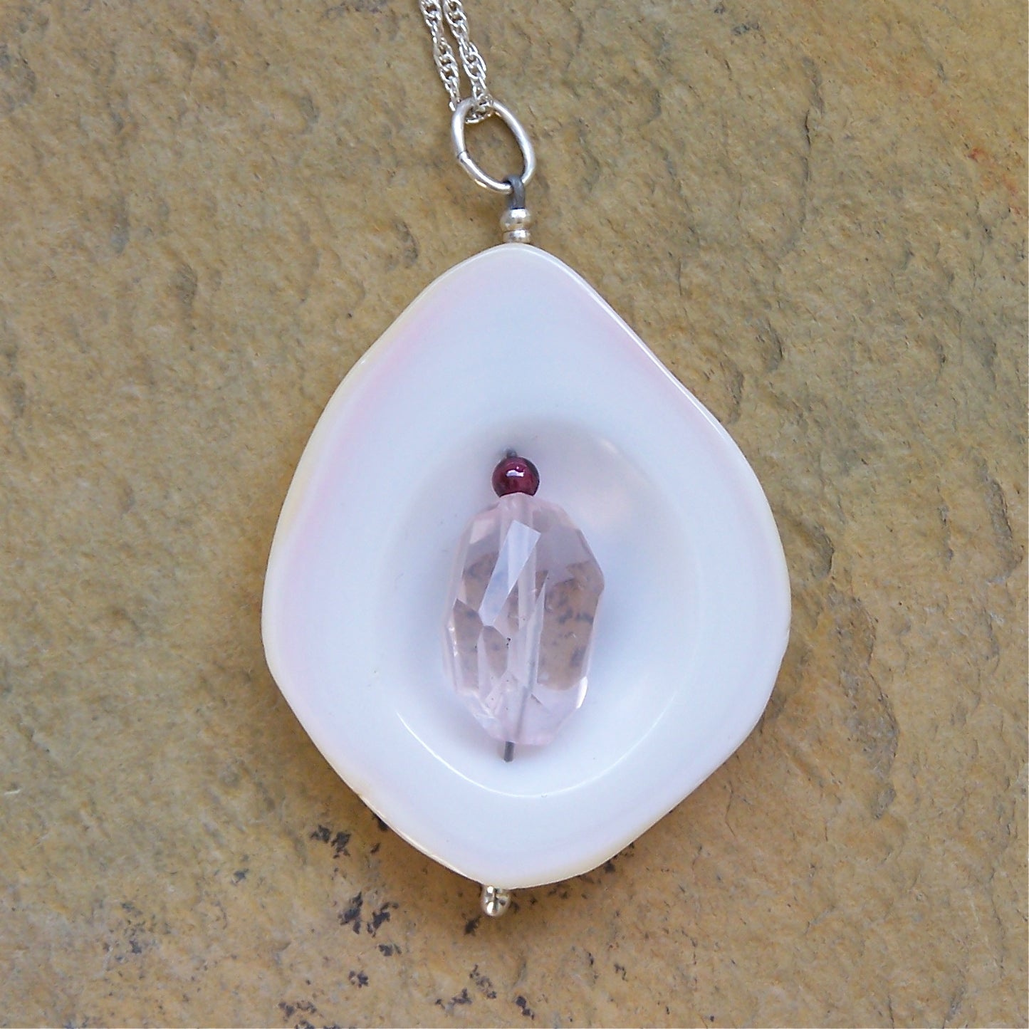 Shell, Rose Quartz, Garnet and Sterling Silver Pendant Necklace