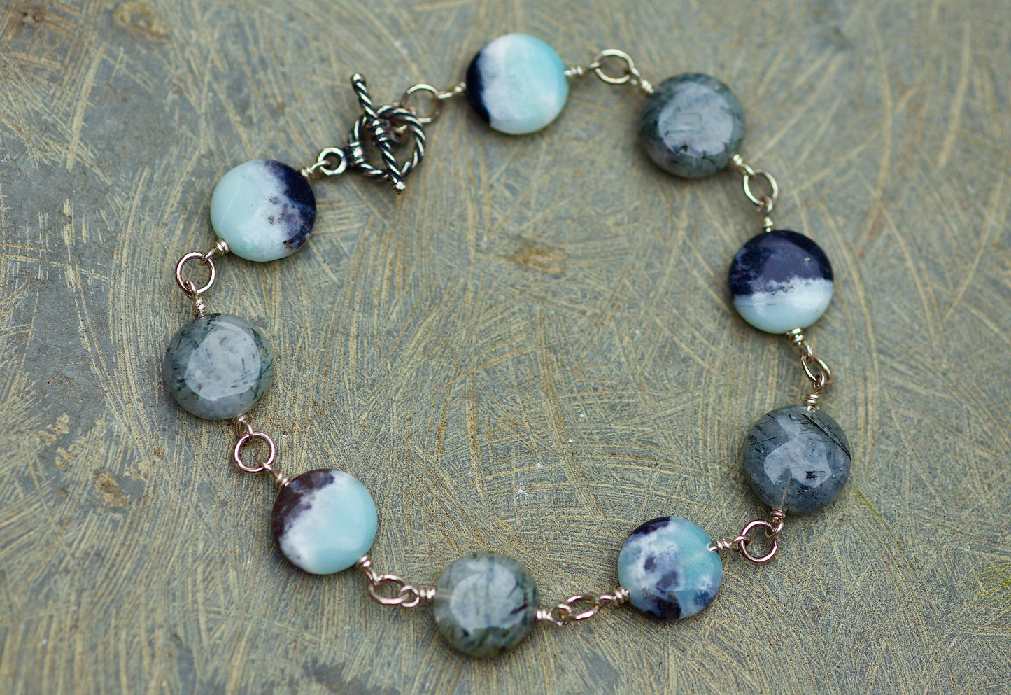 Sale! Pyrite in Amazonite, Tourmalinated Quartz, and Sterling Silver Bracelet, to fit a 7.5 inch wrist