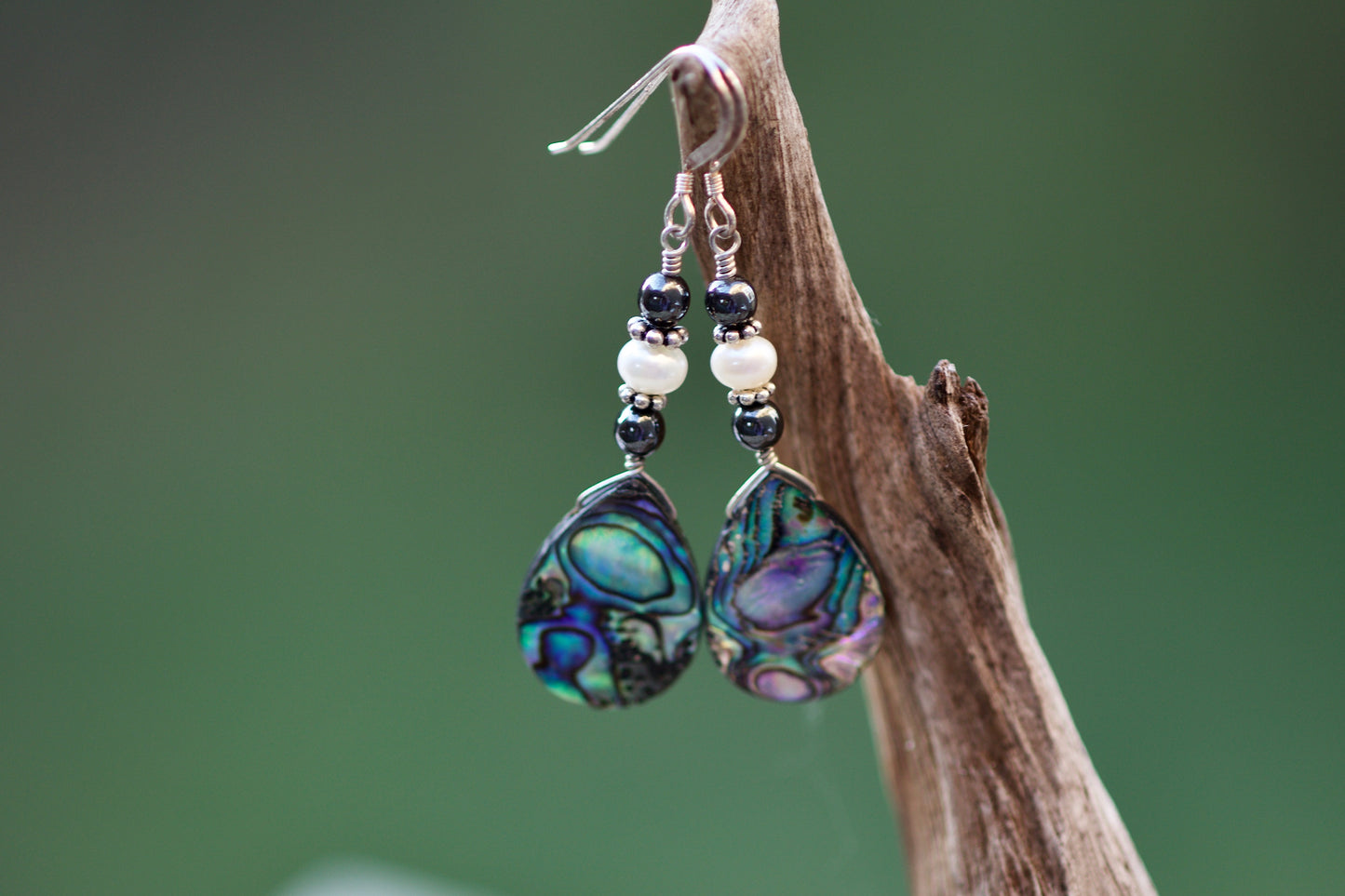 Hematite, Freshwater Pearl, Abalone, and Sterling Silver Earrings