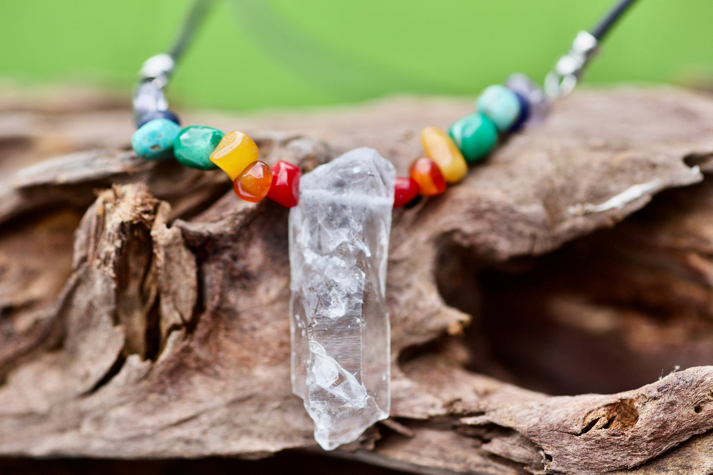 Rainbow / Pride / Chakra Stones and Clear Quartz Warrior Crystal, Sterling Silver, and Leather Necklace