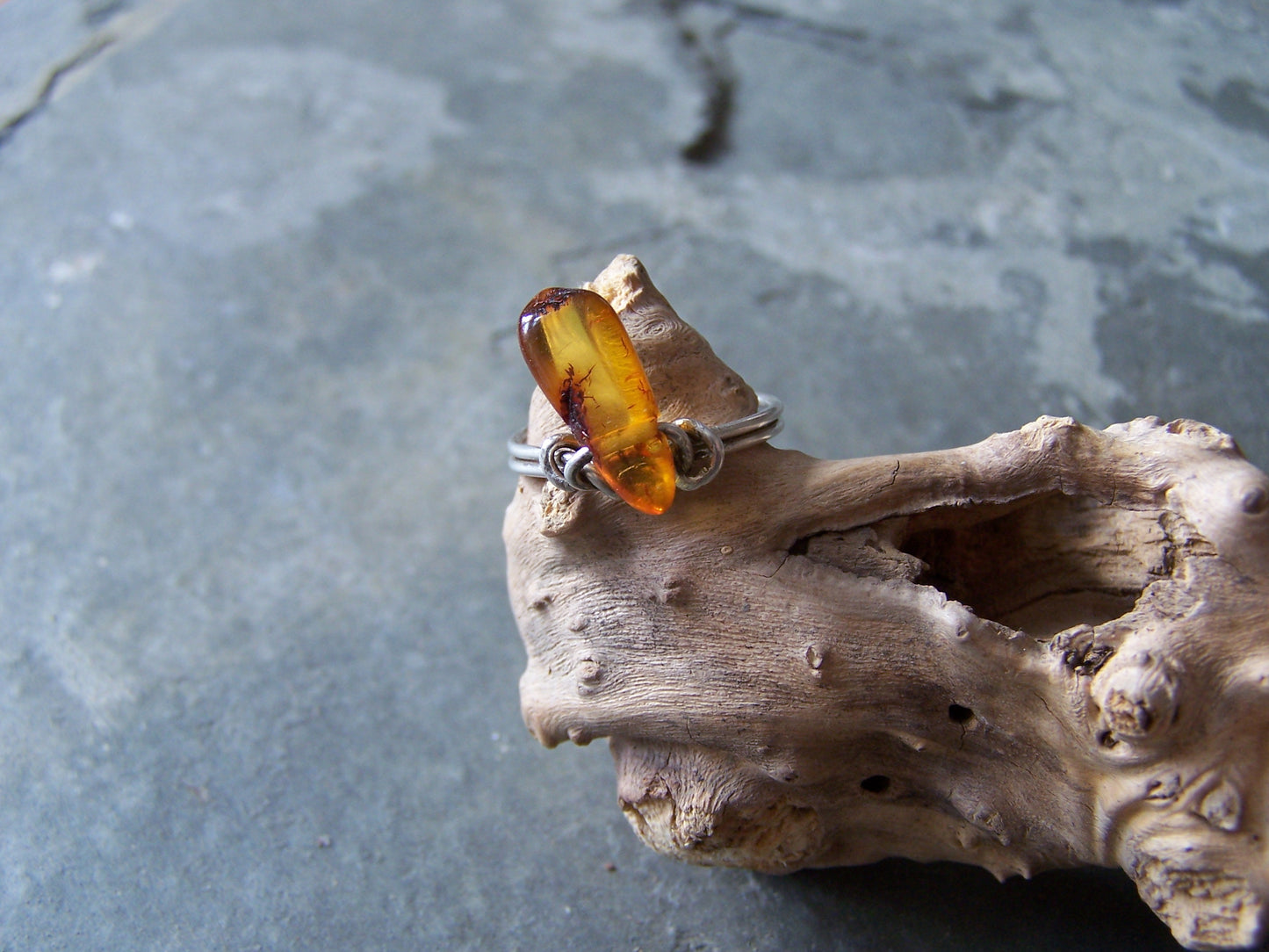 Amber and Sterling Silver Wire Ring, size 7.5