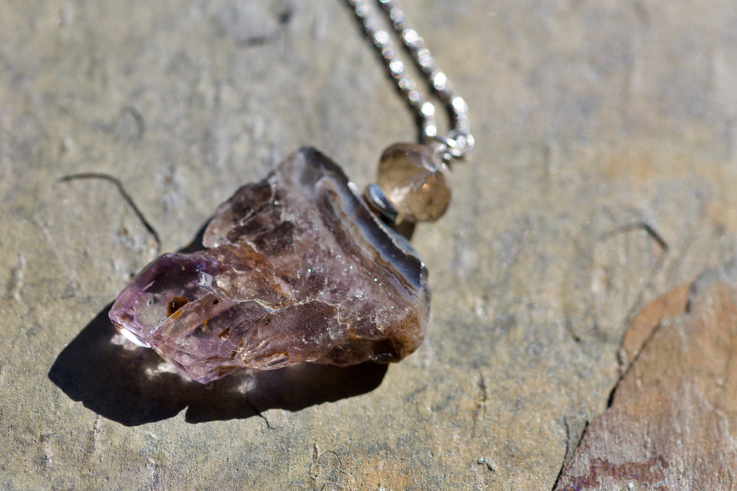 Polished Amethyst Slice, Smoky Quartz, Thai and Sterling Silver Pendant Necklace