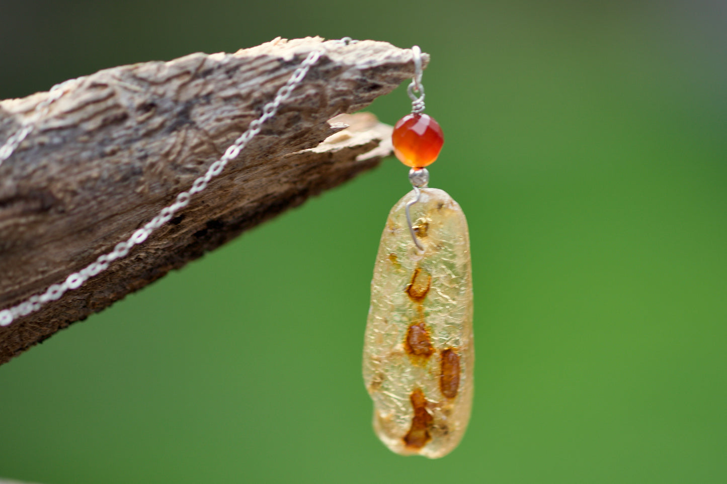 Amber, Carnelian, and Sterling Silver Pendant Necklace