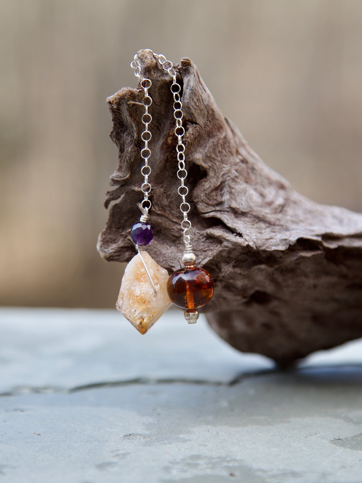Amber, Amethyst, Citrine Point and Sterling Silver Double-sided Pendulum