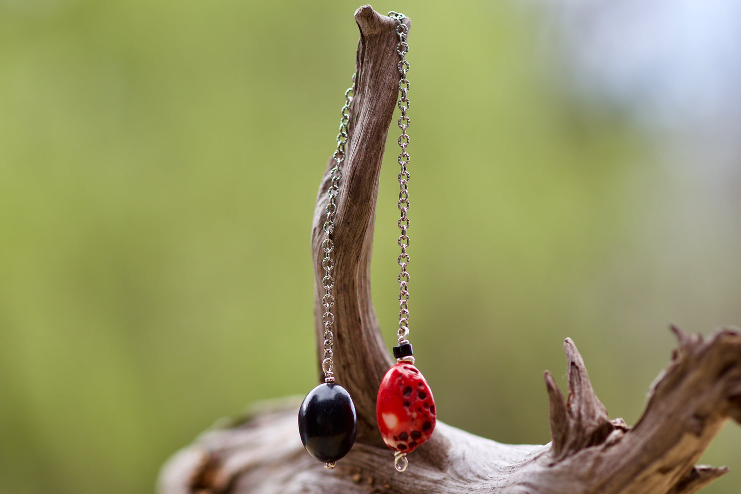 Jet, Obsidian, Red Coral, Thai and Sterling Silver Double-sided Pendulum