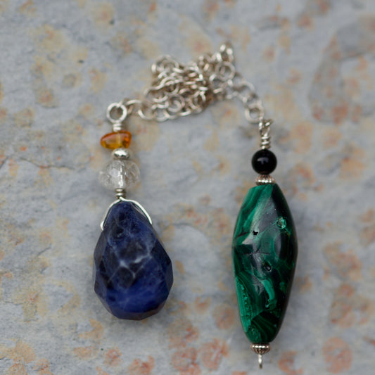 Amber, Clear Quartz, Sodalite, Obsidian, Malachite, and Sterling Silver Double-sided Pendulum