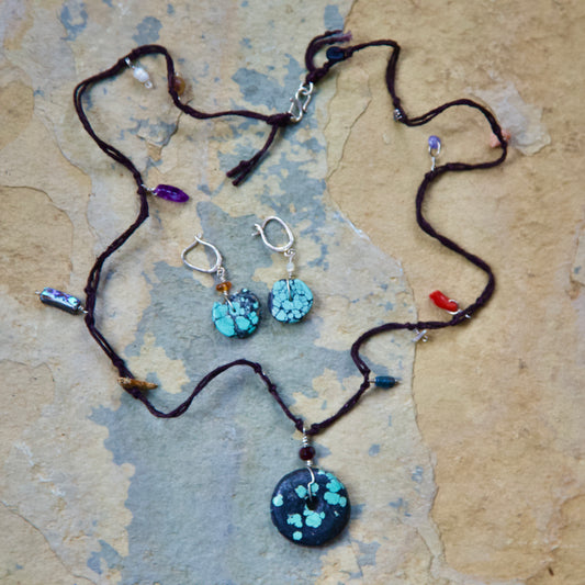 Turquoise and Multi-stone, Sterling Silver and Cotton Cord Necklace and Earring Set