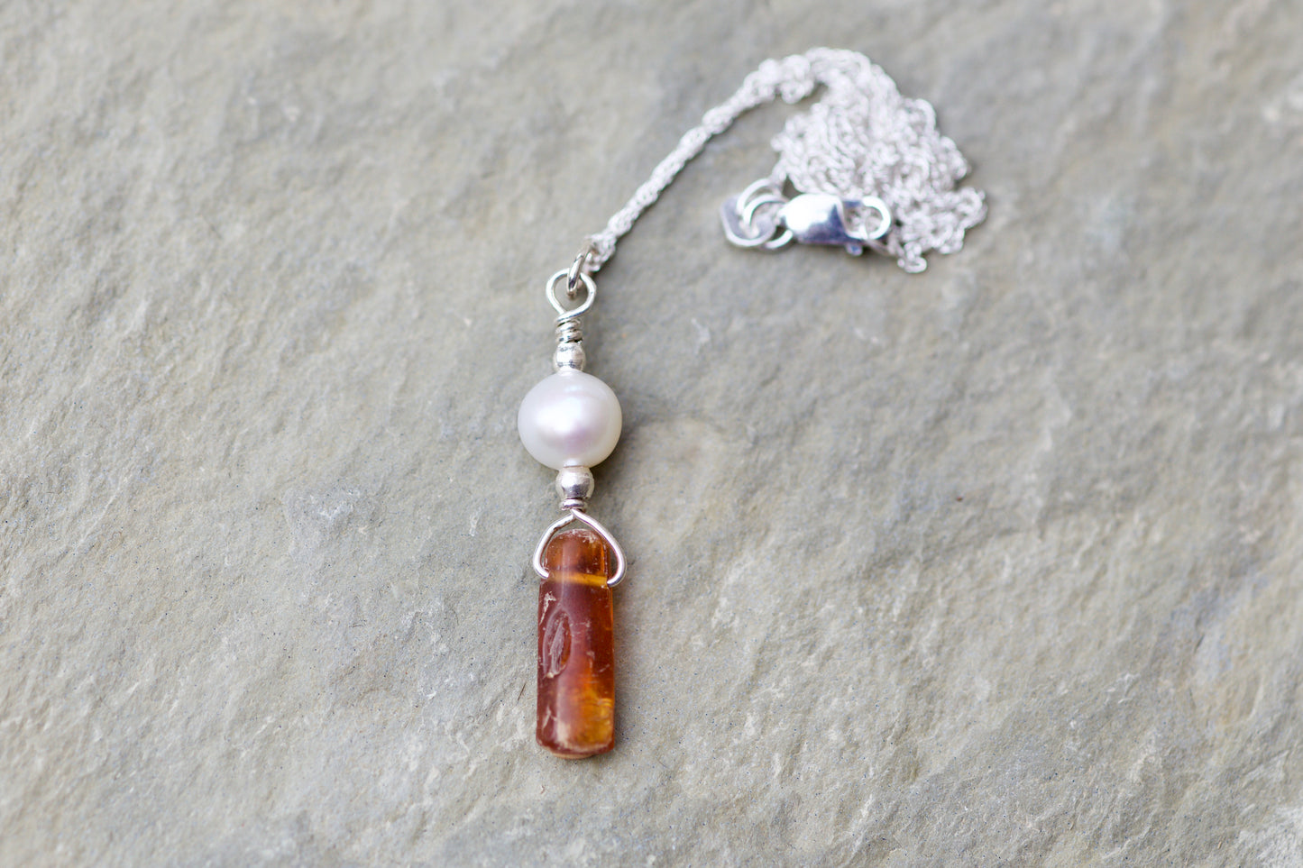 Freshwater Pearl, Orange Kyanite, and Sterling Silver Pendant Necklace