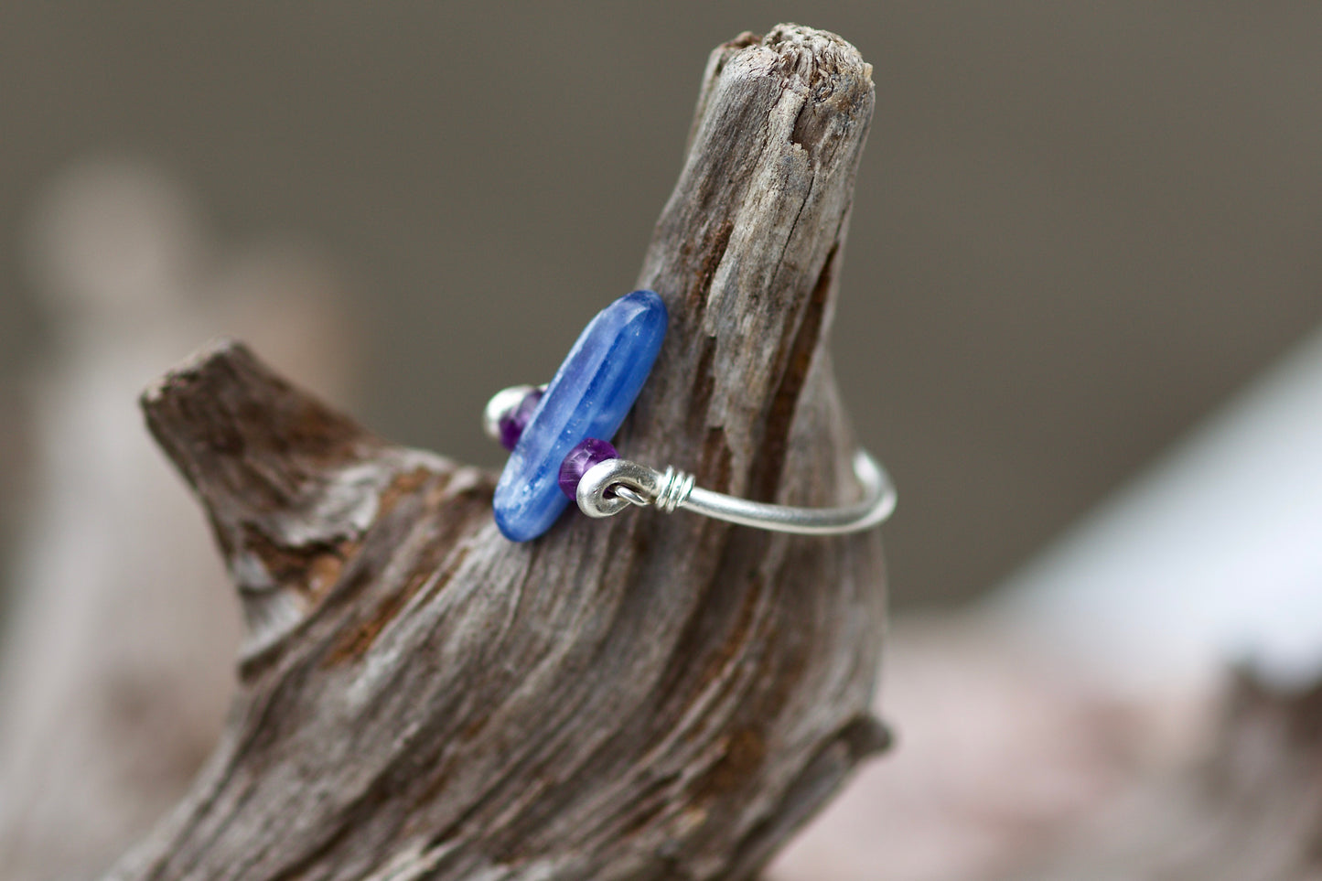 Blue Kyanite, Amethyst, and Sterling Silver Wire Ring, size 4.25