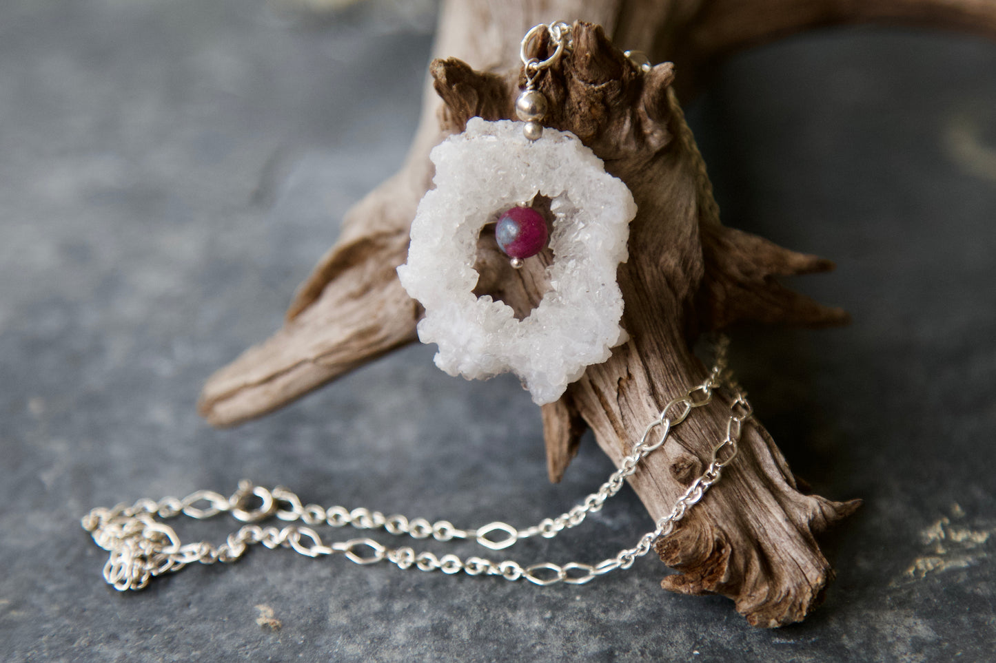 Clear Quartz Crystal Geode Slice, Ruby and Kyanite, and Sterling Silver Pendant Necklace