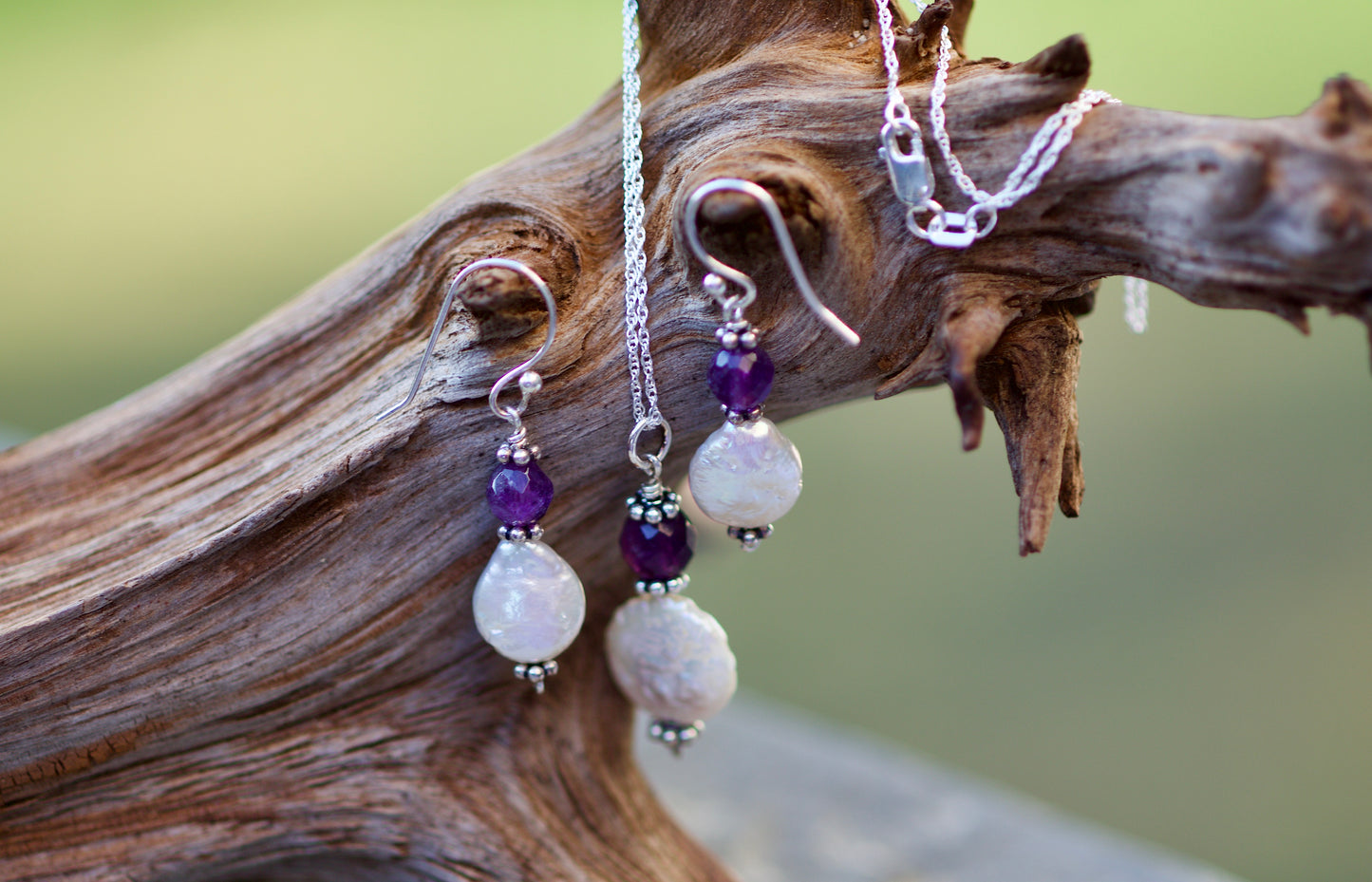 Amethyst, White Coin Pearl, and Sterling Silver Earrings and Pendant / Necklace Set