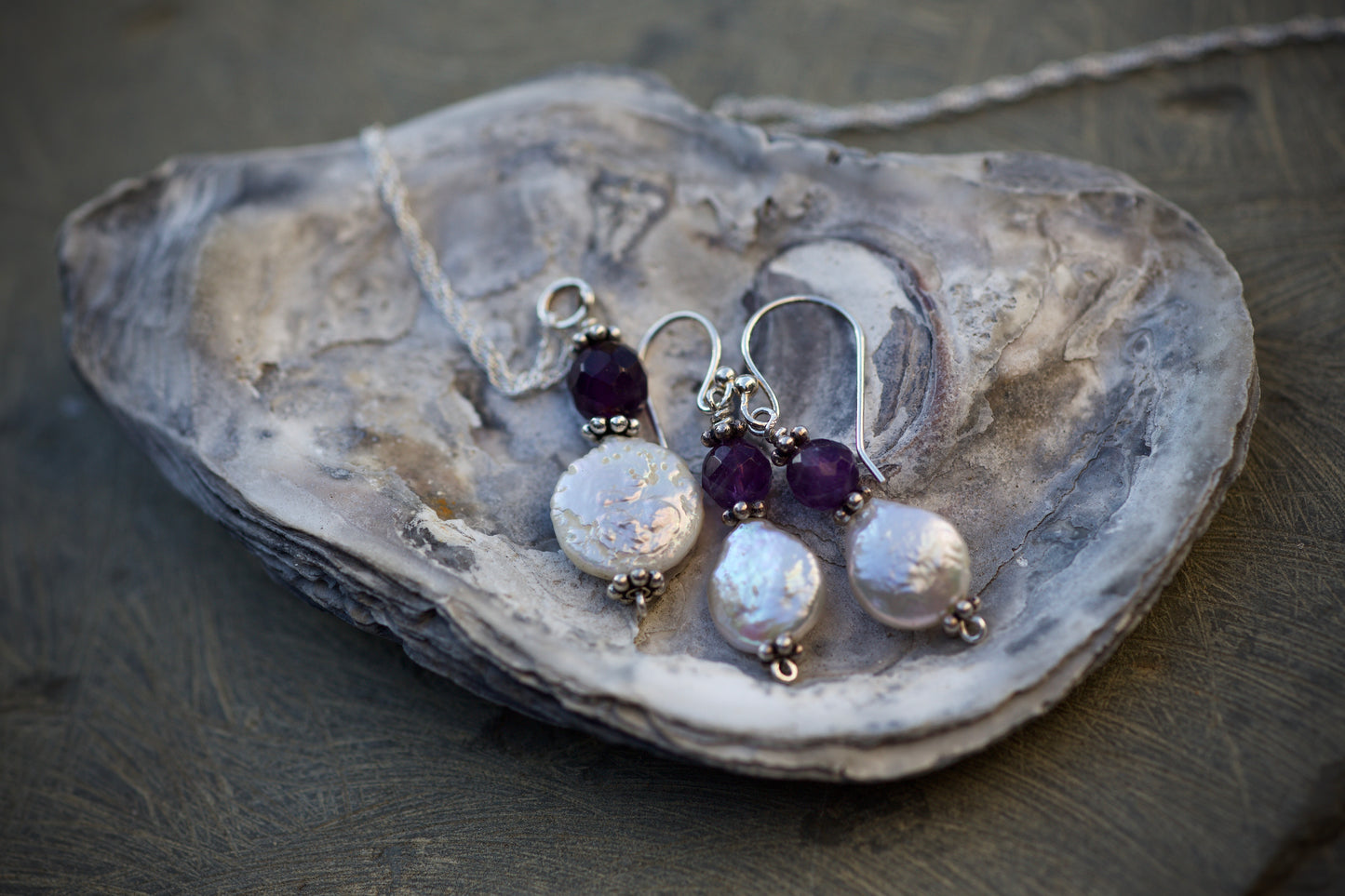 Amethyst, White Coin Pearl, and Sterling Silver Earrings and Pendant / Necklace Set