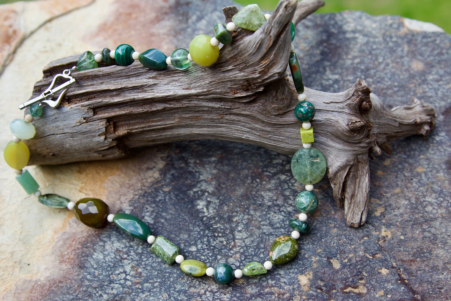 Green Stones, Bone, and Sterling Silver Necklace