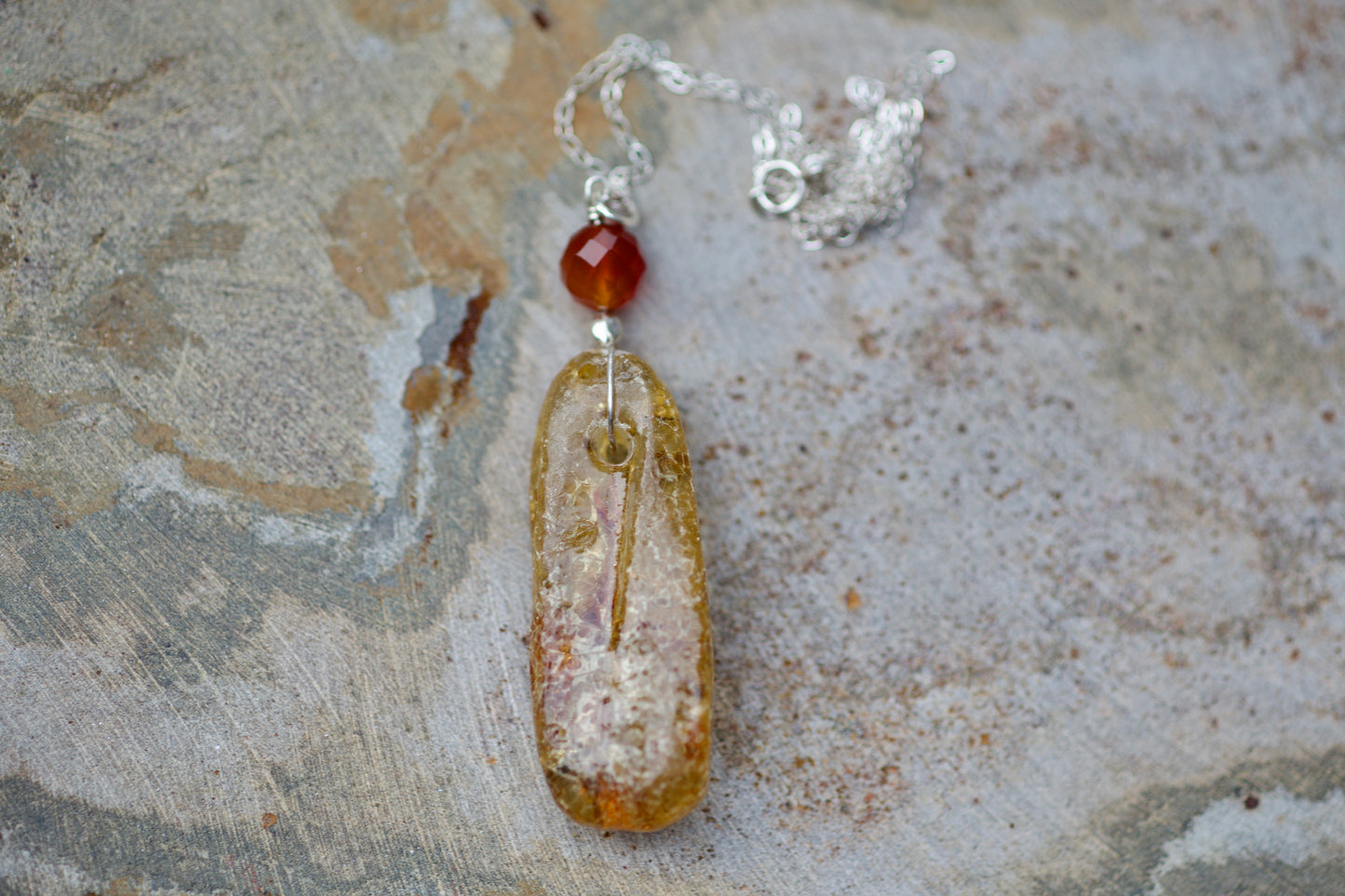 Amber, Carnelian, and Sterling Silver Pendant Necklace