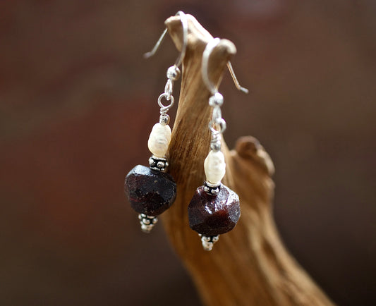 Freshwater Pearl, Garnet, and Sterling Silver Earrings